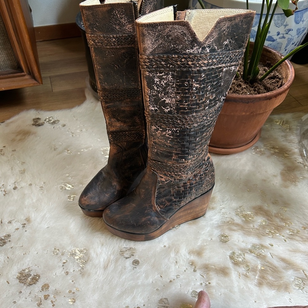 Bed Stu Brown Woven Leather Wedges